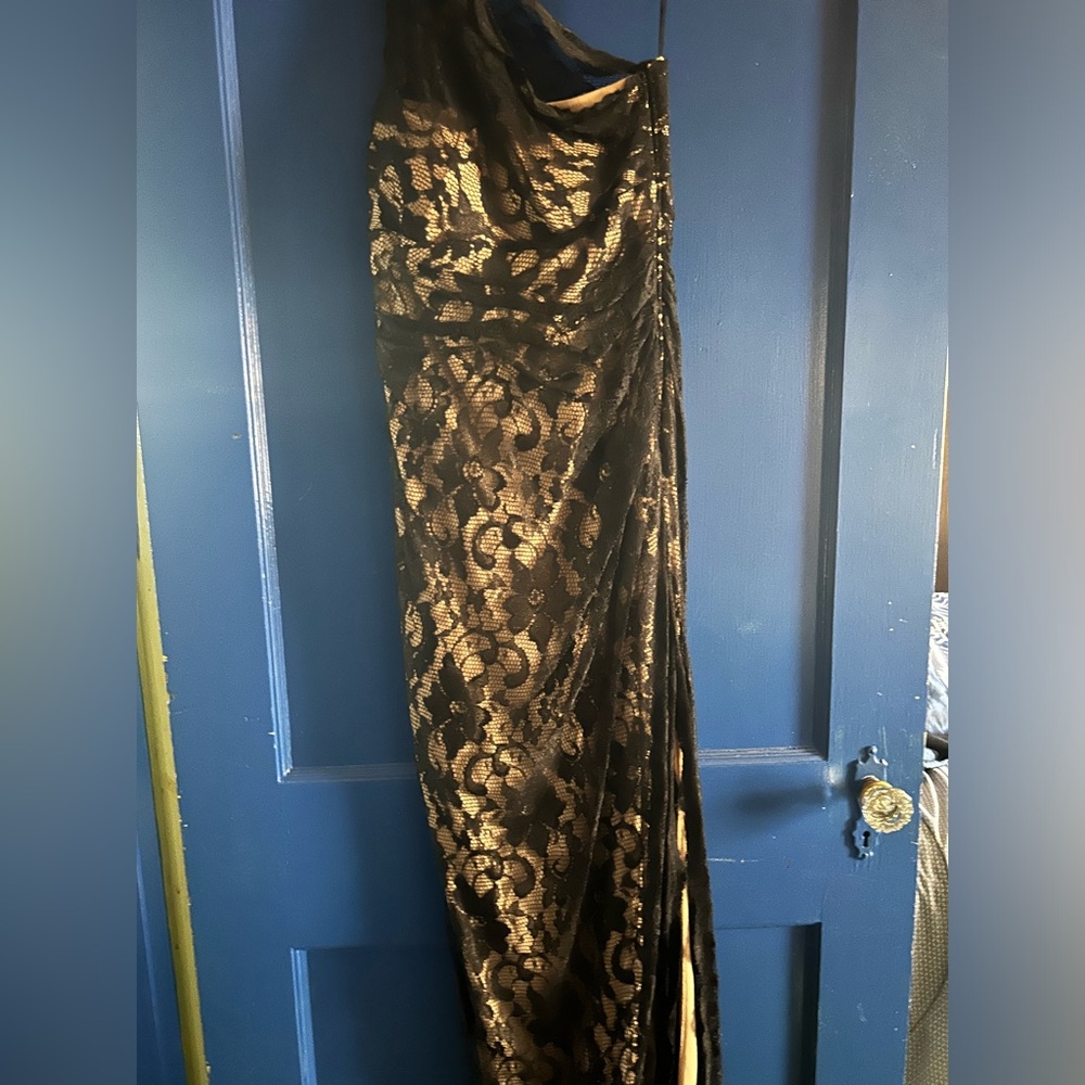 Tan & black lace 1 shoulder evening dress